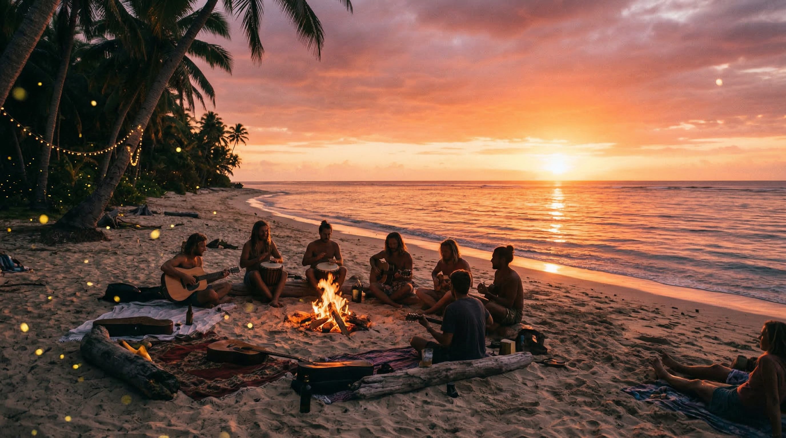 Musicians gathered around a bonfire on a tropical beach at sunset